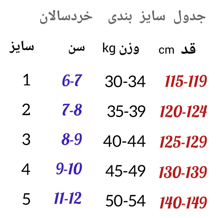 سایز بندی لباس جودو سامکو مدل مبتدی خردسال